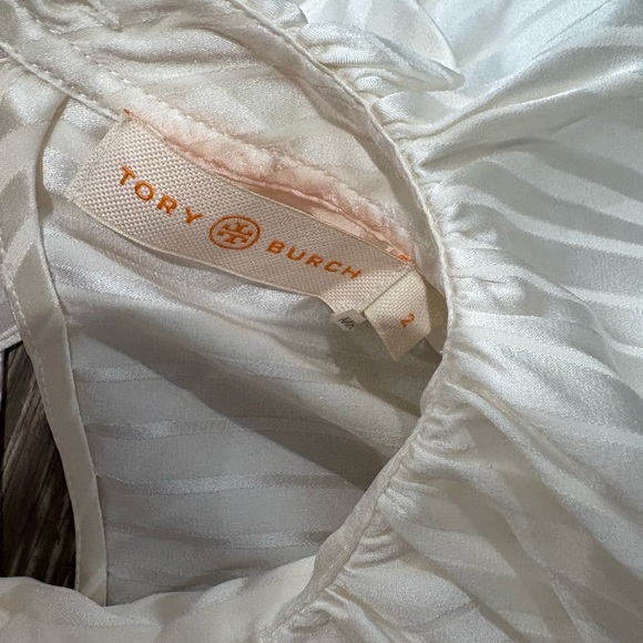 Tory Burch Ivory Satin Stripe Ruffle Blouse Size 2 - Picture 2 of 2